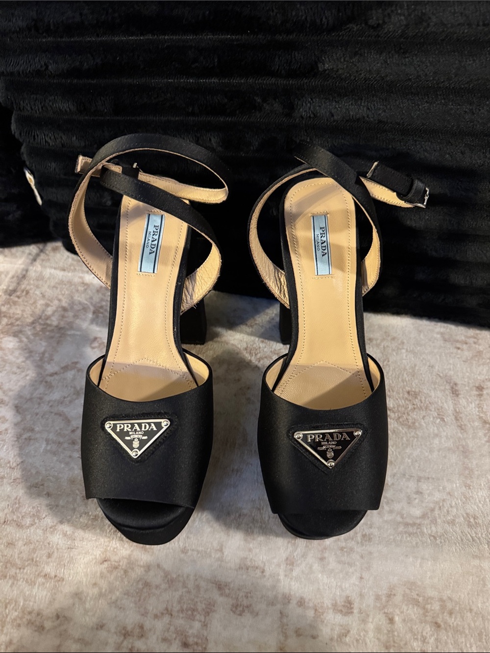 Prada Black Satin Platform Ankle-Strap Sandals